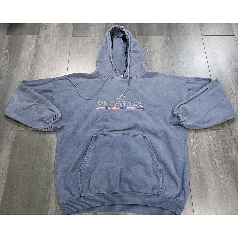 Vintage Crazy Shirts Hawaii Hoodie Adult L Blue San Francisco Canvas 90s Faded